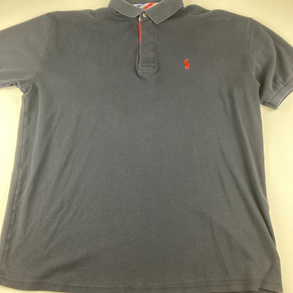 Polo Ralph Lauren Polo Shirt 4XL Navy Blue Red Pony Plaid Trim Big Mens